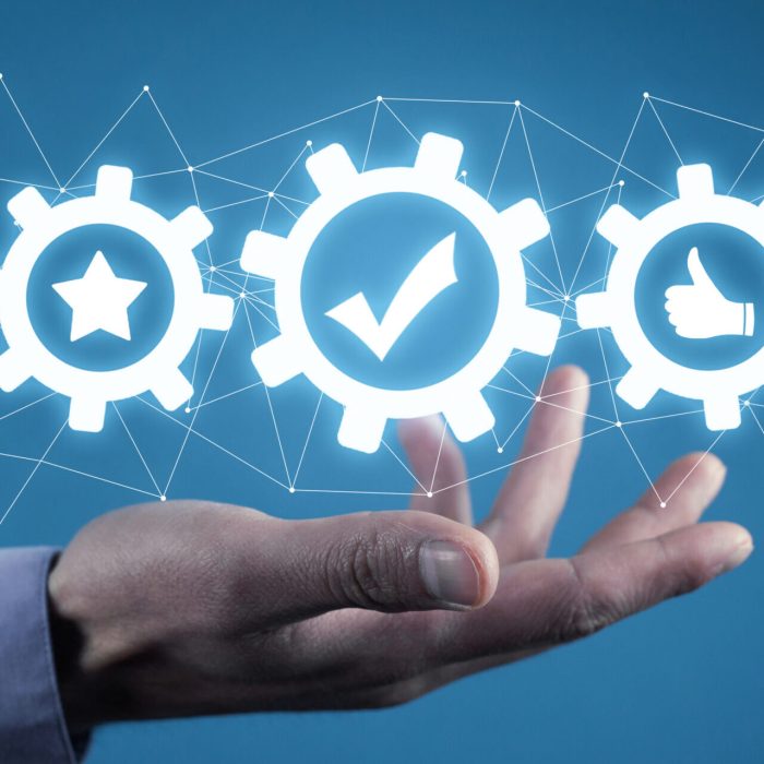 Man holding gears with a check mark, thumb up and star symbols. Quality. Business. Technology. Network